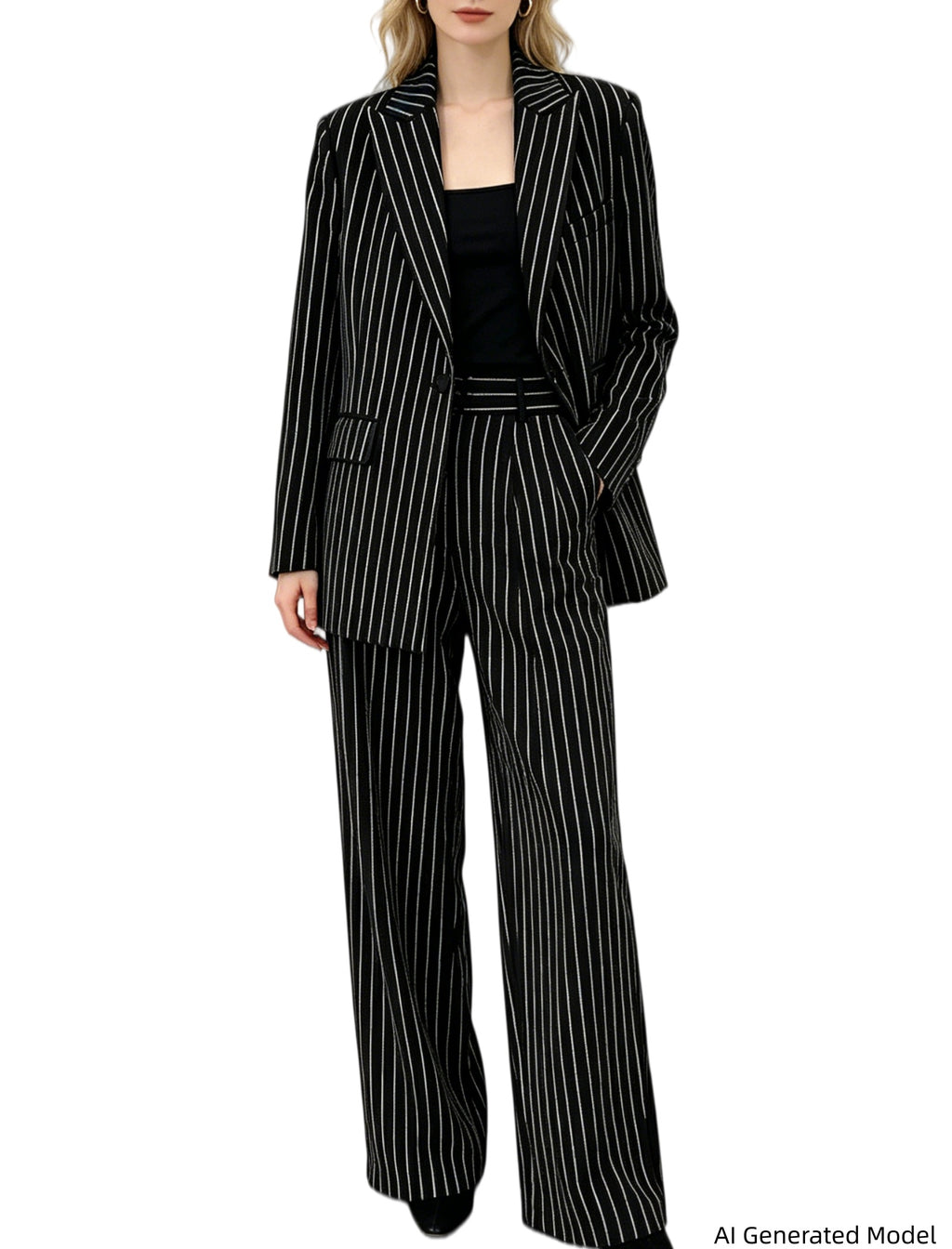 Platlogy Sparkle Vertical Stripe Women Two Piece Blazer And Trouser Suit Formal Business Office Outfit
