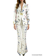 Platlogy Women Floral Butterfly Print Blazer Flared Pants Two Piece Elegant Formal Suit Set