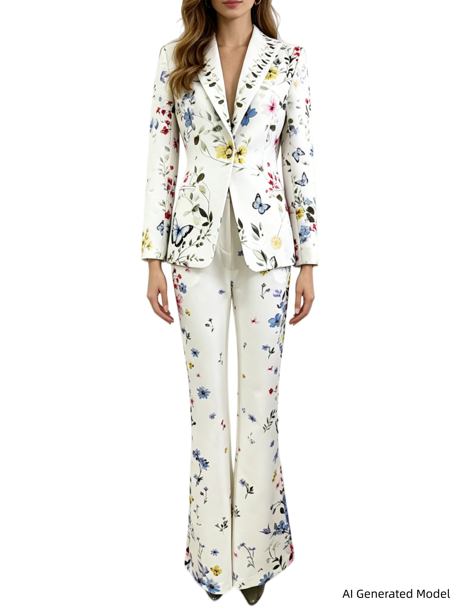 Platlogy Women Floral Butterfly Print Blazer Flared Pants Two Piece Elegant Formal Suit Set