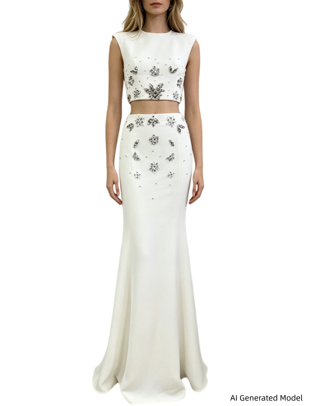 Platlogy White Two Piece Mermaid Evening Gown Handmade Rhinestone Sleeveless Formal Party Dress