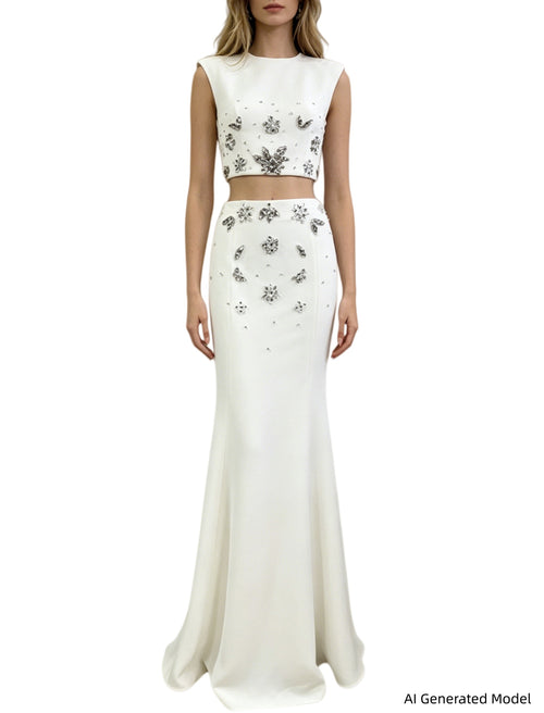Platlogy White Two Piece Mermaid Evening Gown Handmade Rhinestone Sleeveless Formal Party Dress