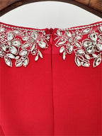 Platlogy Luxury Red Long Sleeve Midi Evening Dress Rhinestone Embellished Formal Party Wedding Guest Dress