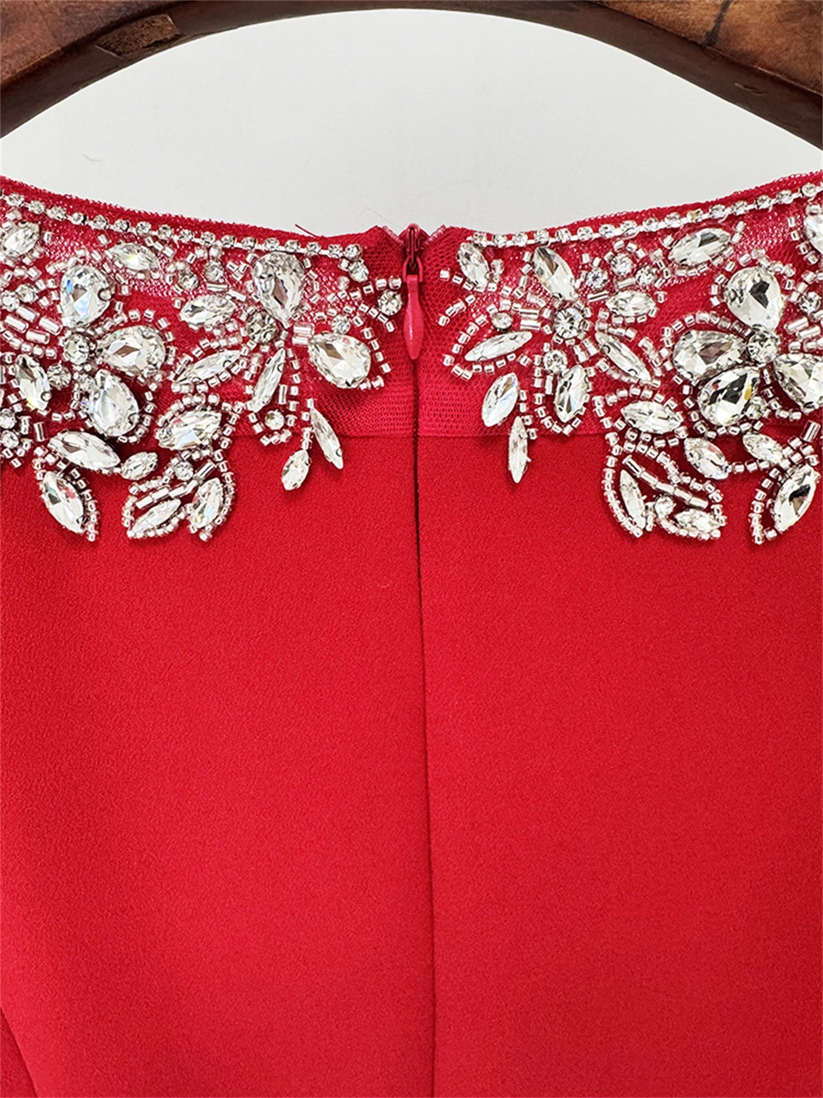 Platlogy Luxury Red Long Sleeve Midi Evening Dress Rhinestone Embellished Formal Party Wedding Guest Dress