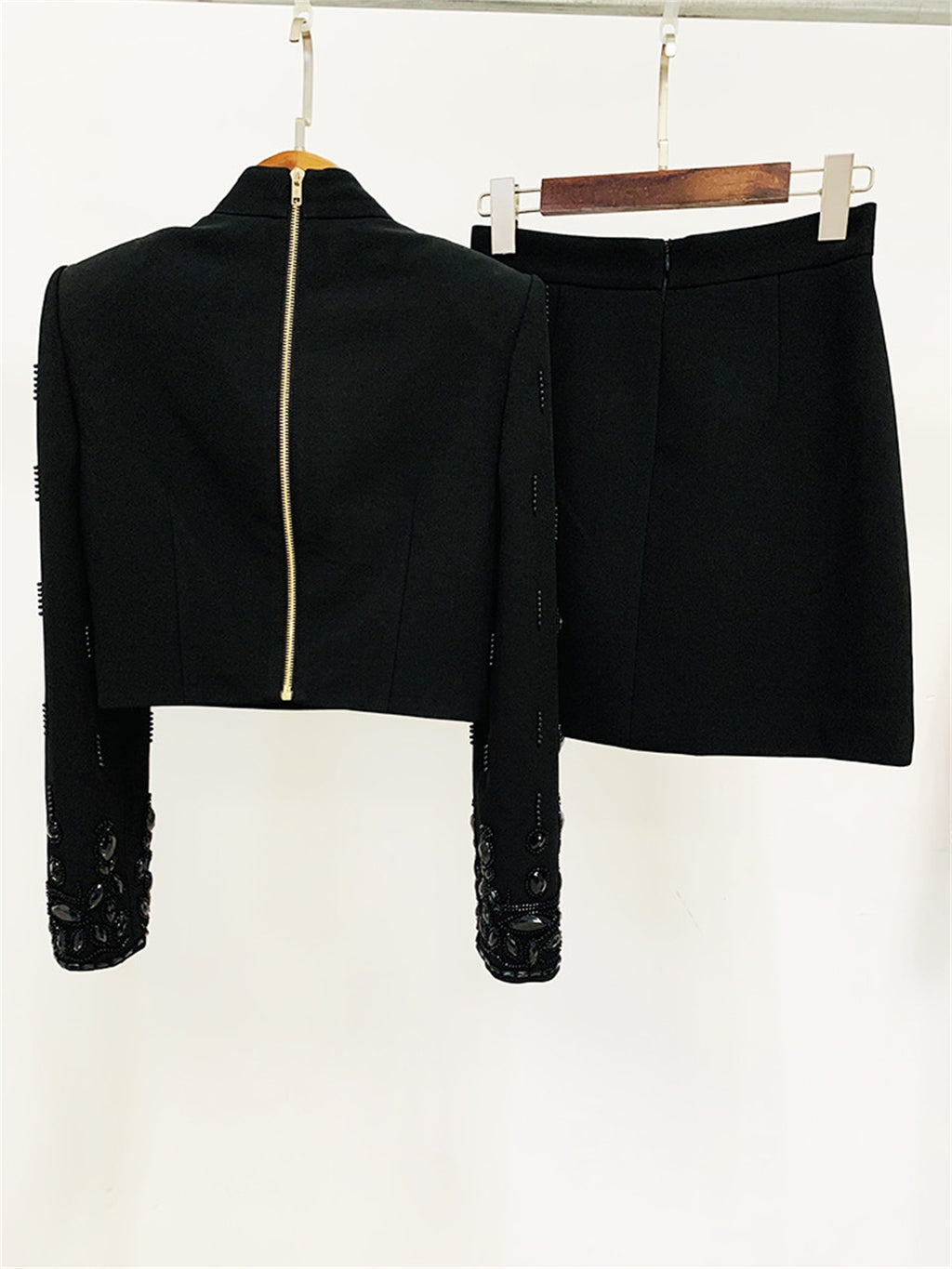 Womens Embellished 2 Piece Blazer Skirt Set High Neck Long Sleeve Formal Party Outfit