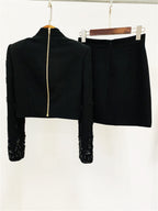 Womens Embellished 2 Piece Blazer Skirt Set High Neck Long Sleeve Formal Party Outfit