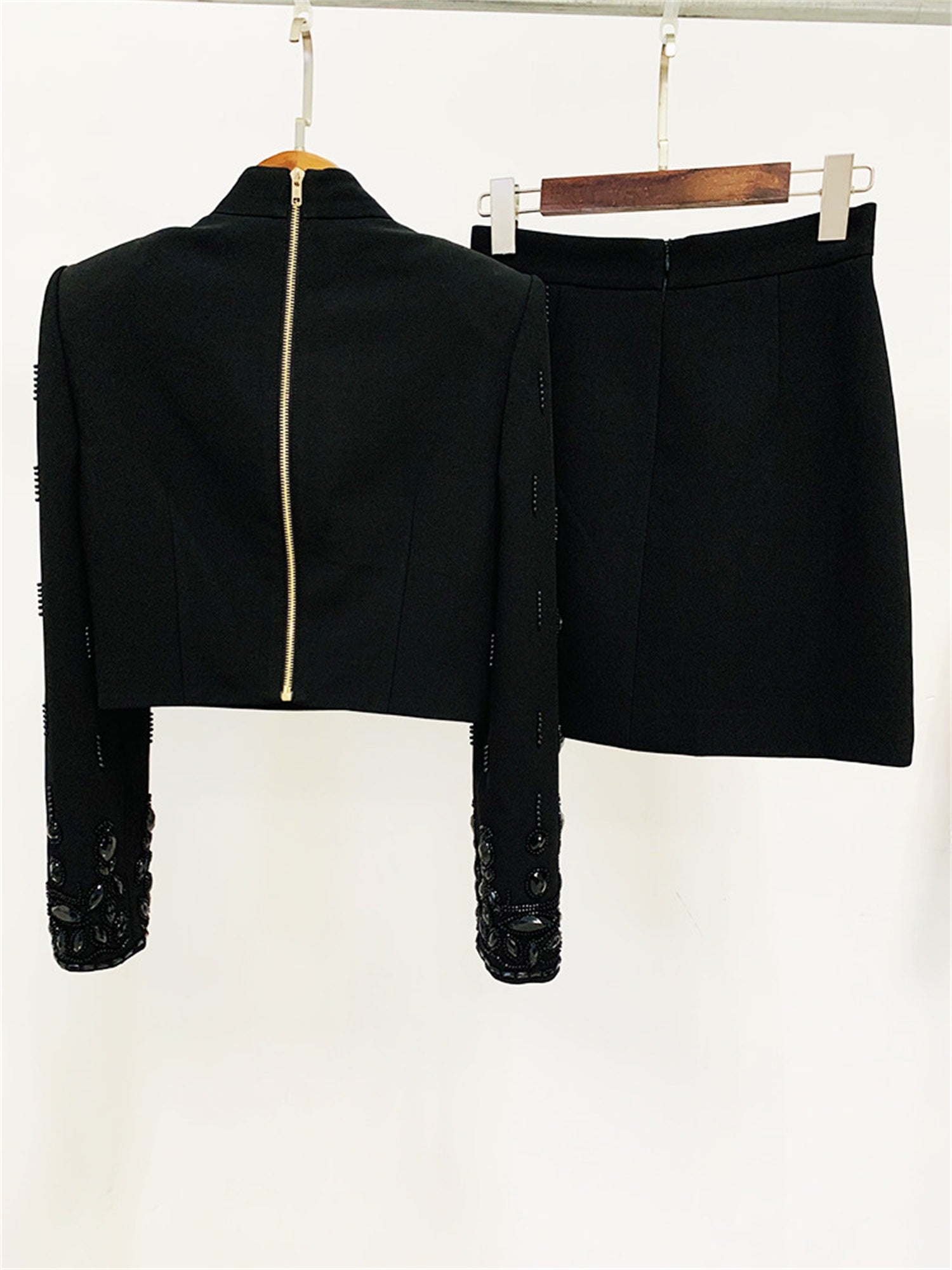 Womens Embellished 2 Piece Blazer Skirt Set High Neck Long Sleeve Formal Party Outfit