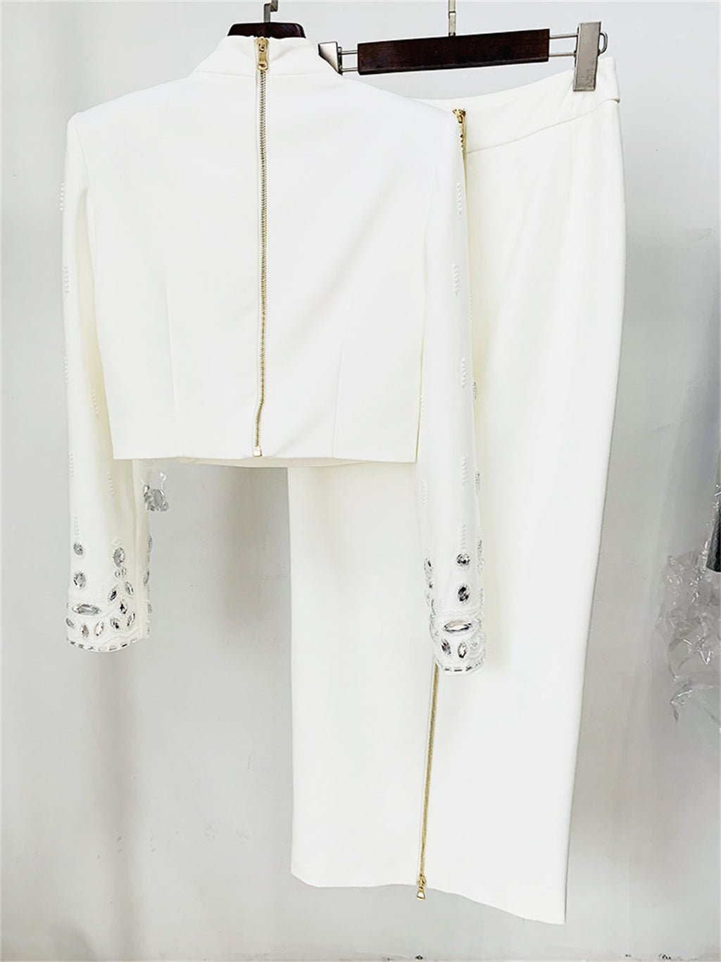 Women Rhinestone Embellished Two Piece Set Long Sleeve Crop Top And Maxi Skirt Formal Party Outfit