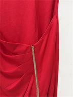 Platlogy Red Sleeveless Mock Neck Maxi Dress With Side Zipper Ruched Bodycon Party Long Dress