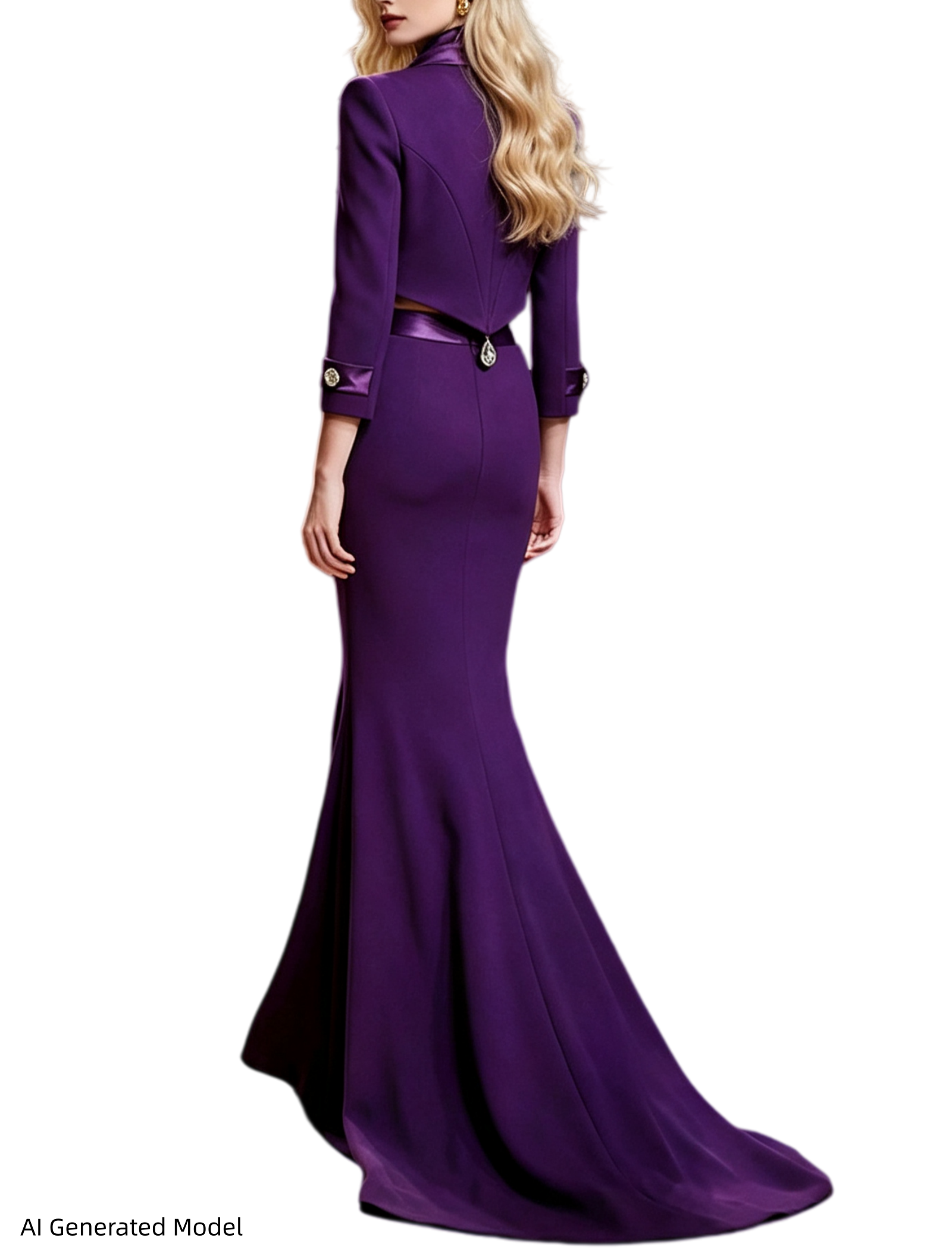 Platlogy Purple Elegant Cropped Blazer Mermaid Maxi Skirt Two Piece Formal Outfit For Evening Party Wedding Guest