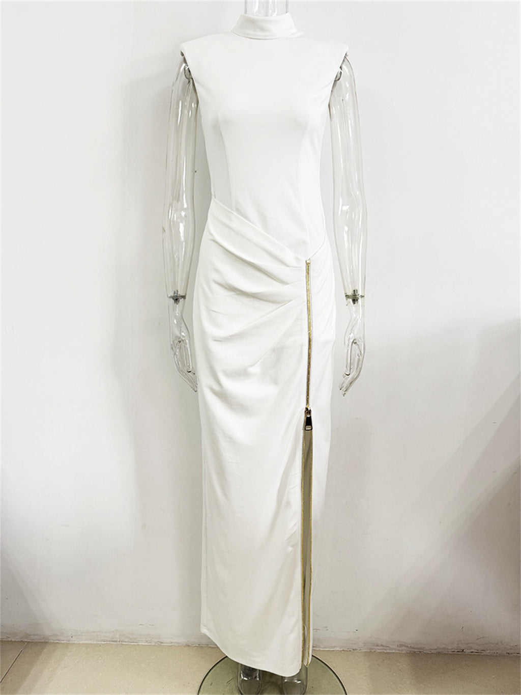 Platlogy Red Sleeveless Mock Neck Maxi Dress With Side Zipper Ruched Bodycon Party Long Dress