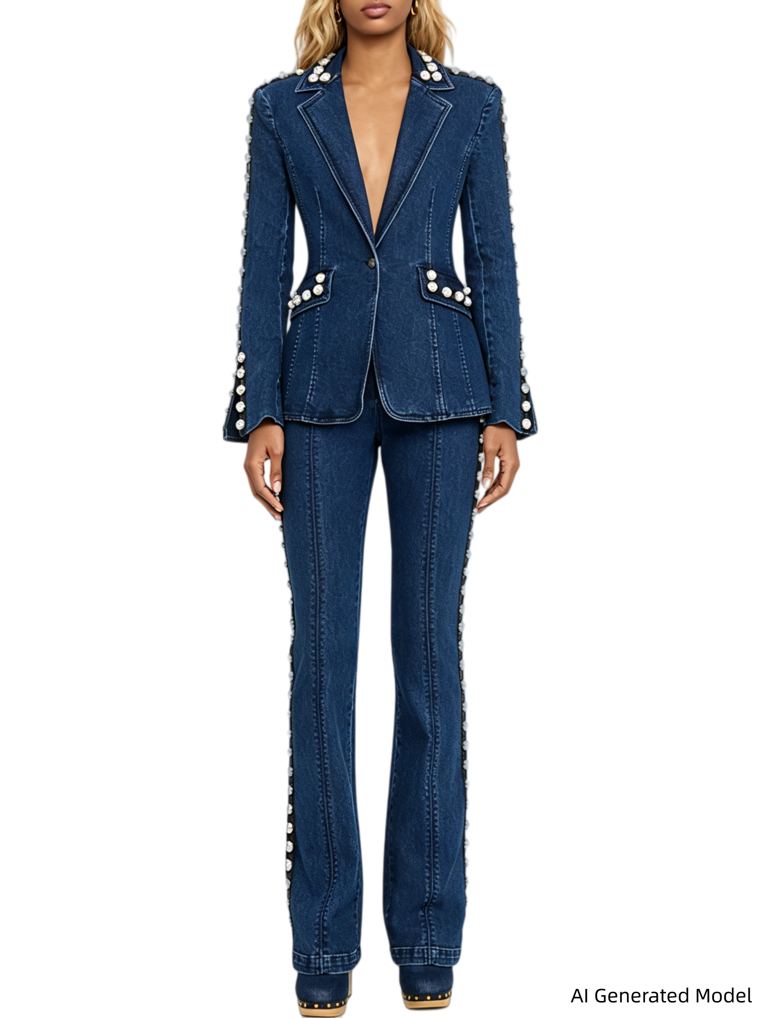 Platlogy Women Pearl Embellished Denim Blazer And Straight Pants Two Piece Suit Formal Casual Matching Outfit Main image