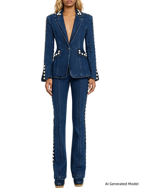 Platlogy Women Pearl Embellished Denim Blazer And Straight Pants Two Piece Suit Formal Casual Matching Outfit
