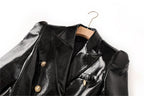 Platlogy Women's Leather Blazer Double-breasted Gold Button Design Slim-fit Cropped Jacket Glamorous Outerwear for Party
