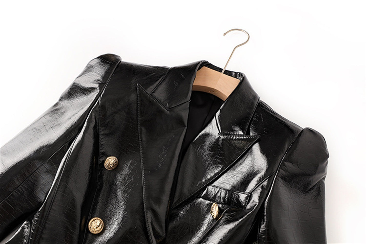 Platlogy Women's Leather Blazer Double-breasted Gold Button Design Slim-fit Cropped Jacket Glamorous Outerwear for Party