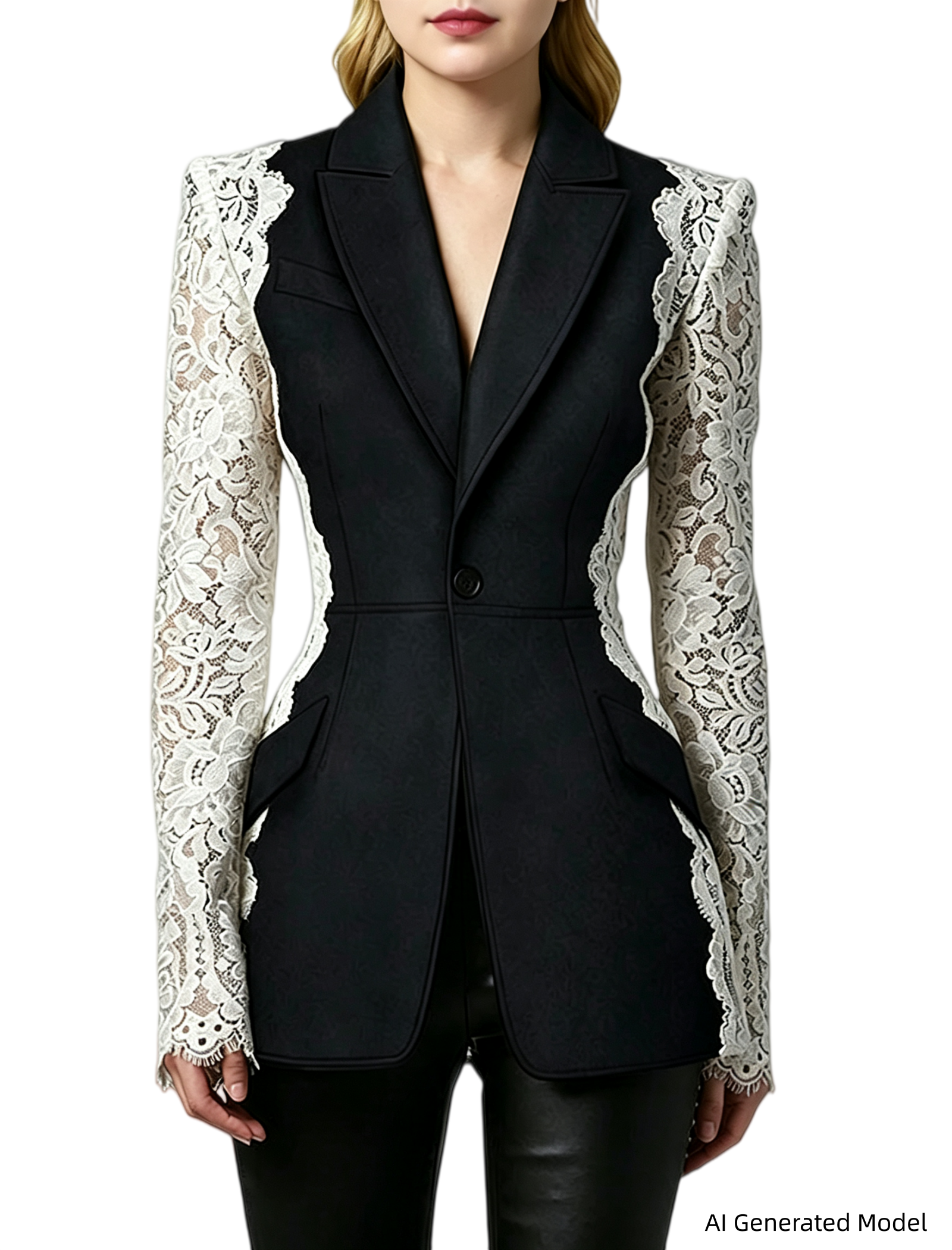 Platlogy Women Elegant Lace Patchwork Blazer Suit Slim Fit Formal Business Party Two Piece Outfit Main image