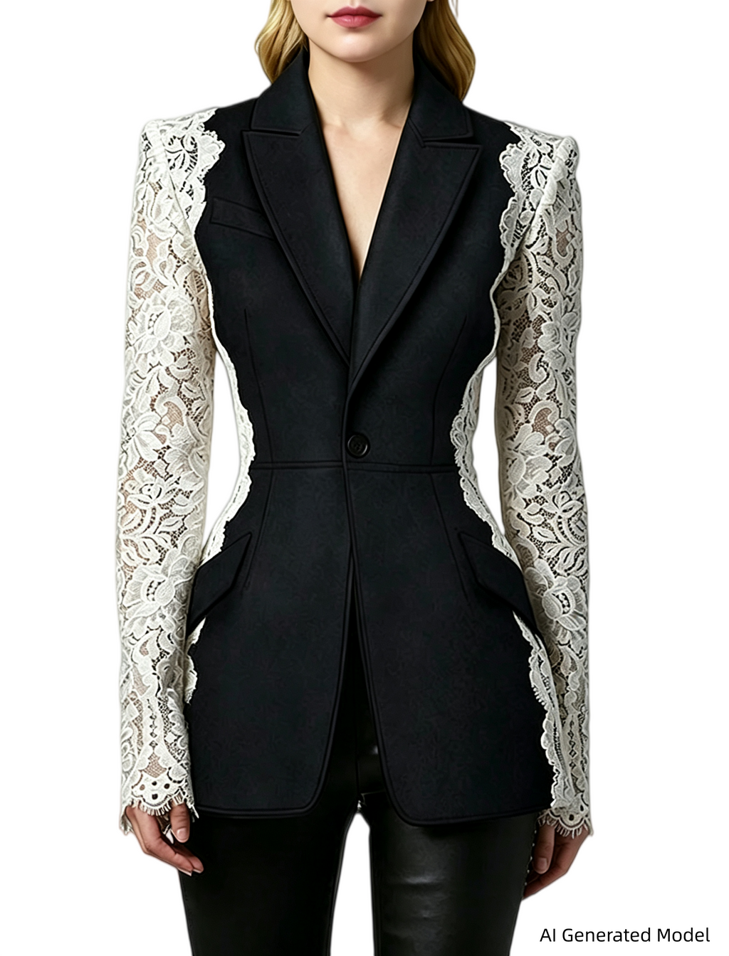 Platlogy Women Elegant Lace Patchwork Blazer Suit Slim Fit Formal Business Party Two Piece Outfit