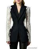 Platlogy Women Elegant Lace Patchwork Blazer Suit Slim Fit Formal Business Party Two Piece Outfit