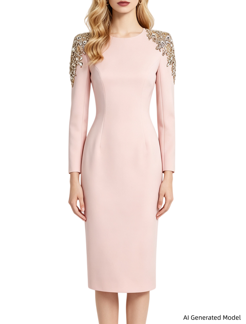 Platlogy Pink Shoulder Rhinestone Embellished Long Sleeve Midi Formal Dress Elegant Party Cocktail Sheath Dress