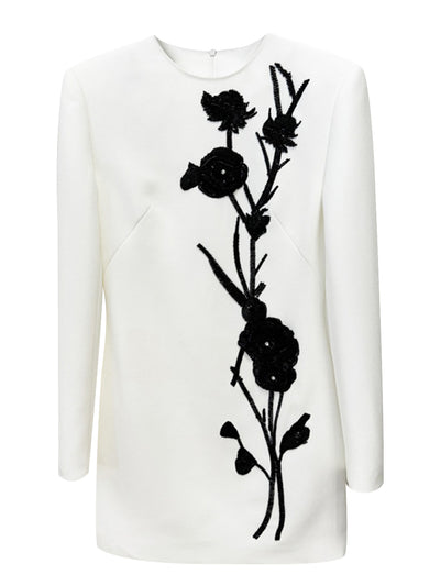 Women Floral Embroidered Blazer Dress Round Neck Long Sleeve Workwear Mini Dress