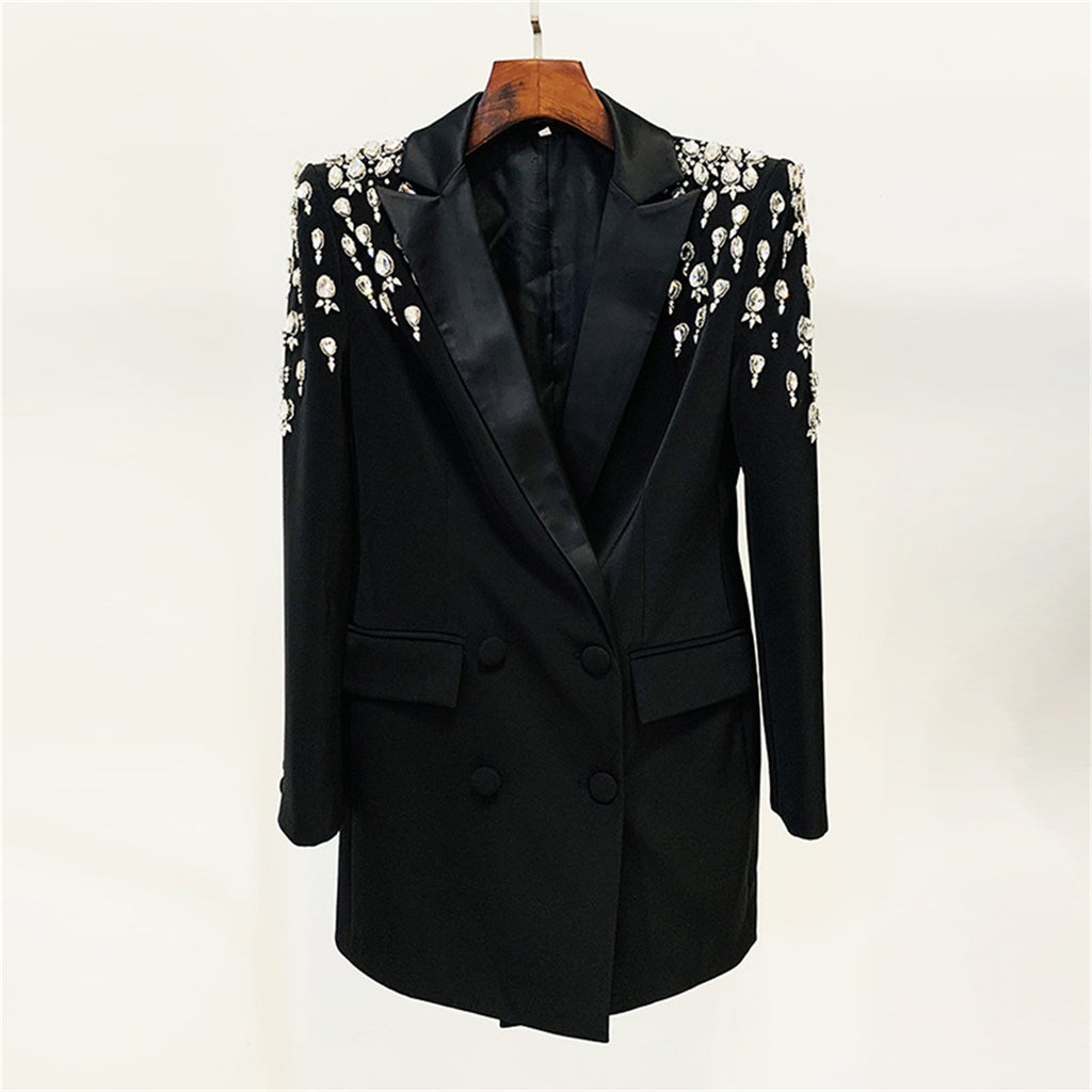 Platlogy Women's Luxury Outwear Embroidery Flares Diamond Blazer Jackets Long Sleeve Long Blazer Dress coat