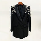 Platlogy Women's Luxury Outwear Embroidery Flares Diamond Blazer Jackets Long Sleeve Long Blazer Dress coat