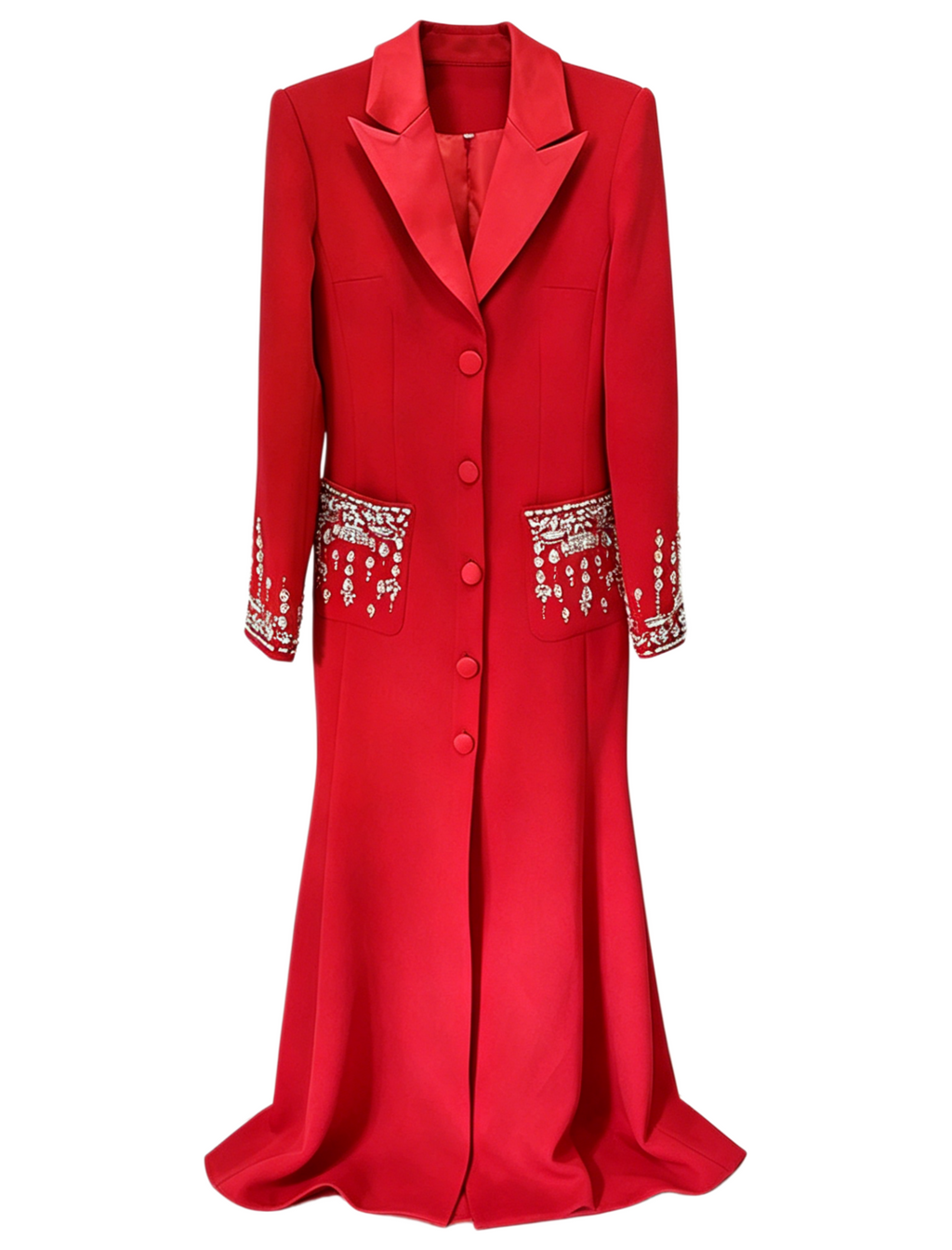 Embellished Cuff Maxi Blazer Dress Button Front Evening Party Dress