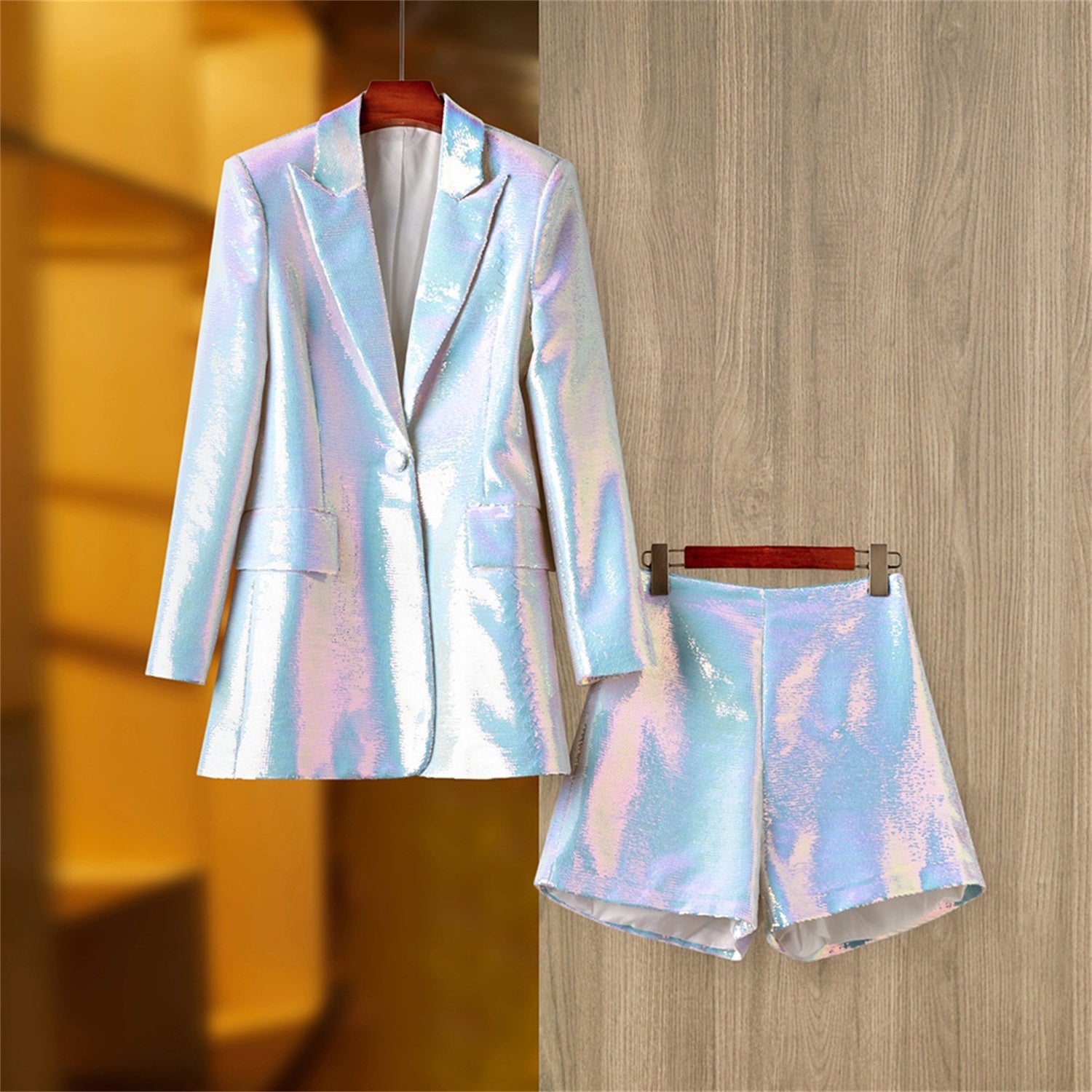 Platlogy Women Sequin Blazer and Short Set 2 PC Slim Fit Notch Lapel Prom Party Glitter Suit