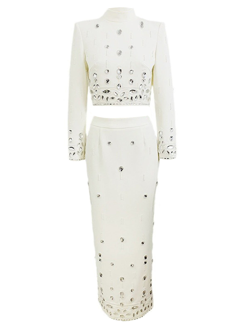 Women Rhinestone Embellished Two Piece Set Long Sleeve Crop Top And Maxi Skirt Formal Party Outfit