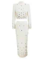 Women Rhinestone Embellished Two Piece Set Long Sleeve Crop Top And Maxi Skirt Formal Party Outfit