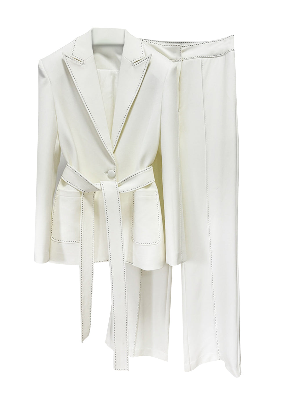 Women Elegant Two Piece Suit Set with Notched Lapel and Waist Tie