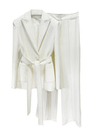 Women Elegant Two Piece Suit Set with Notched Lapel and Waist Tie