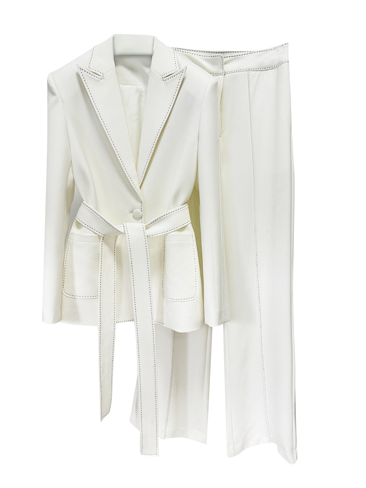Women Elegant Two Piece Suit Set with Notched Lapel and Waist Tie