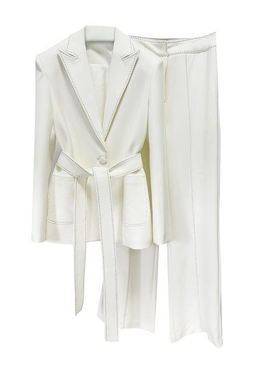 Women Elegant Two Piece Suit Set with Notched Lapel and Waist Tie