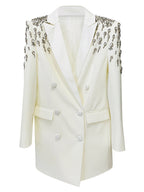 Platlogy Women's Luxury Outwear Embroidery Flares Diamond Blazer Jackets Long Sleeve Long Blazer Dress coat