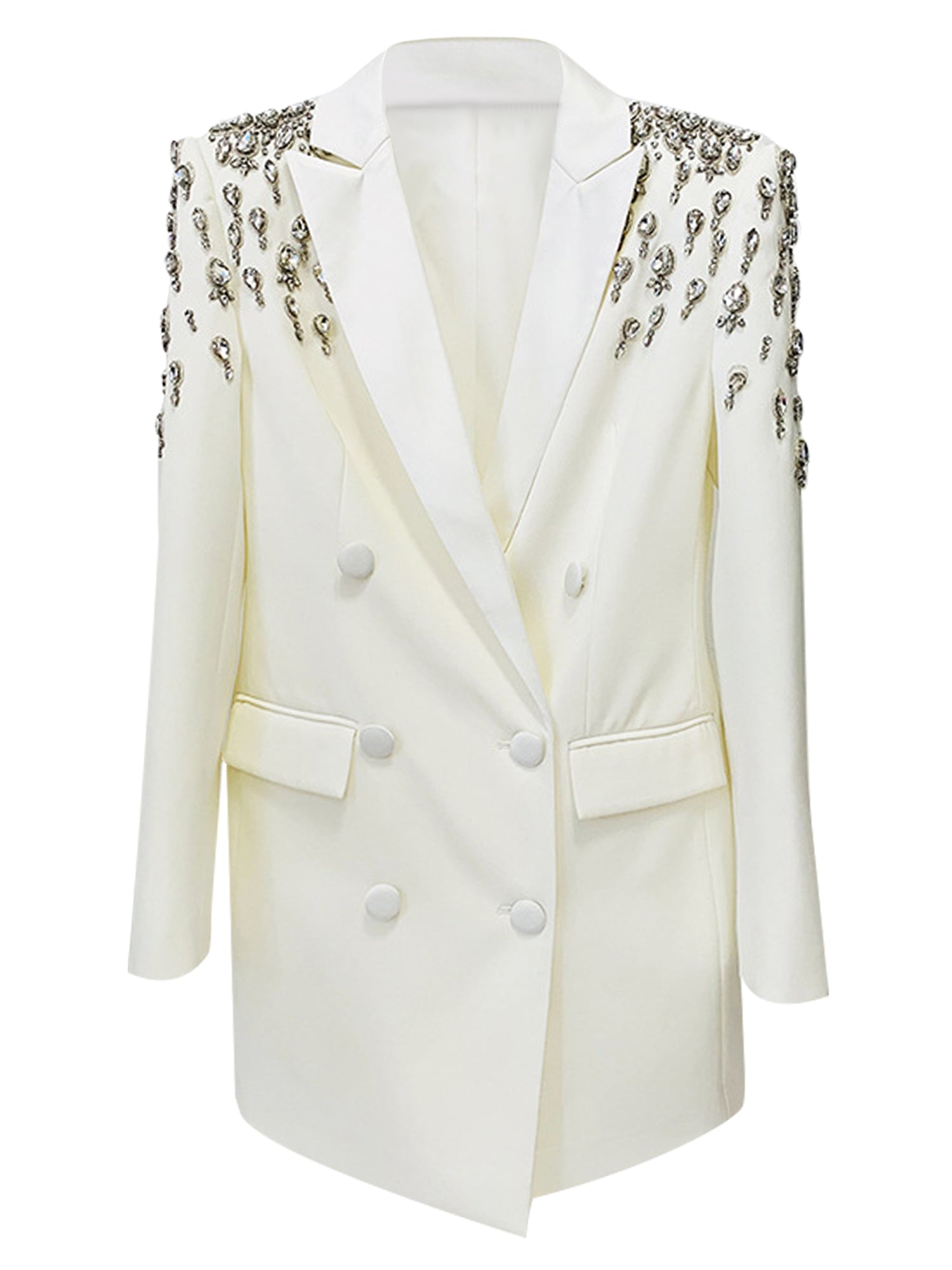 Platlogy Women's Luxury Outwear Embroidery Flares Diamond Blazer Jackets Long Sleeve Long Blazer Dress coat
