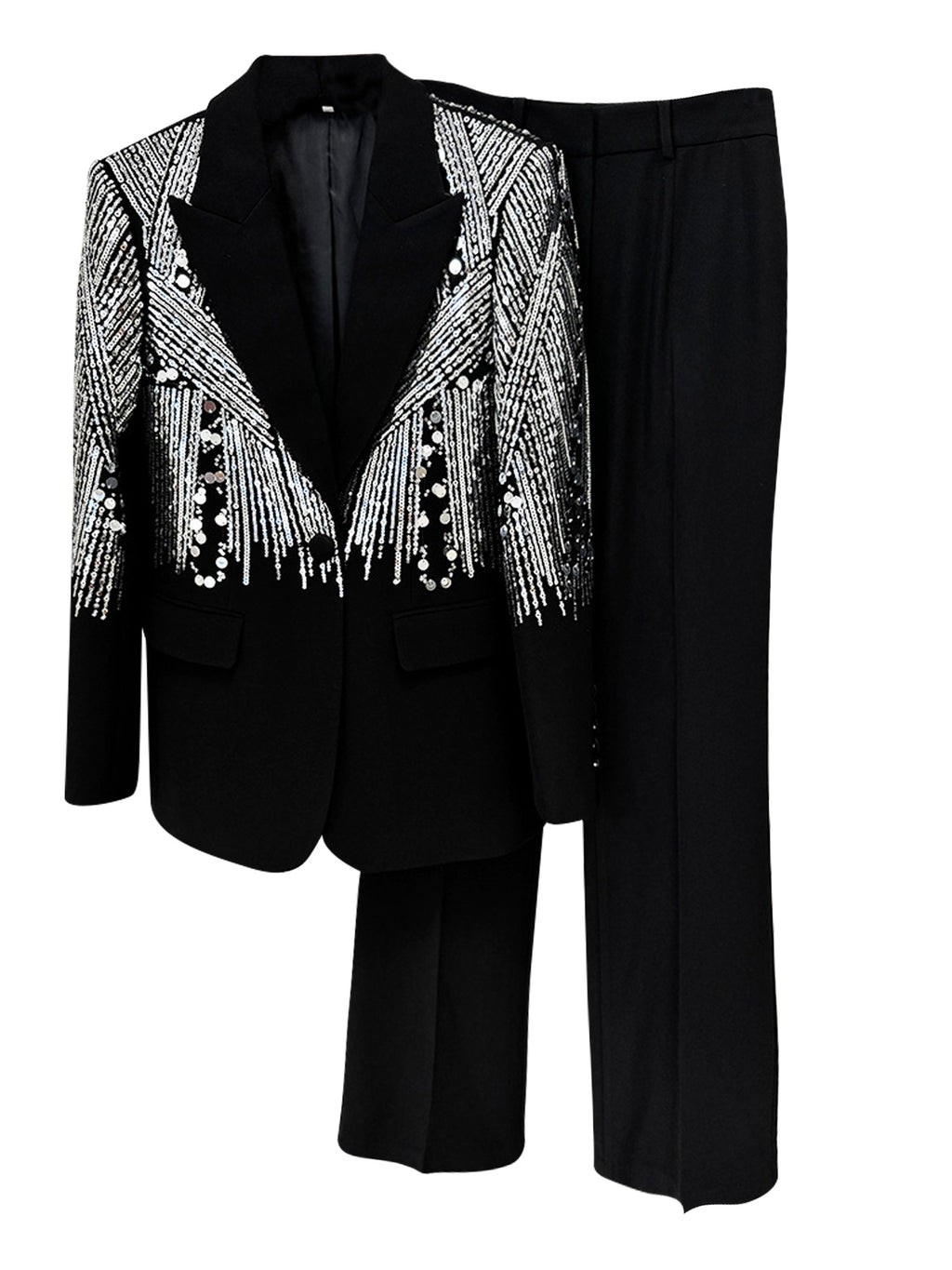 Sparkly Beaded Tuxedo Blazer Straight Leg Pants Suit For Party