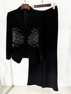 Platlogy Women's Matching Sets Heavy Beaded Diamond One Button Suit Trousers Set Two Piece Sets Womens Outifits