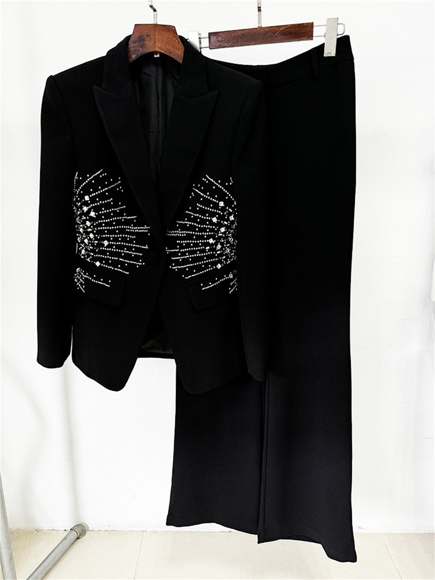 Platlogy Women's Matching Sets Heavy Beaded Diamond One Button Suit Trousers Set Two Piece Sets Womens Outifits