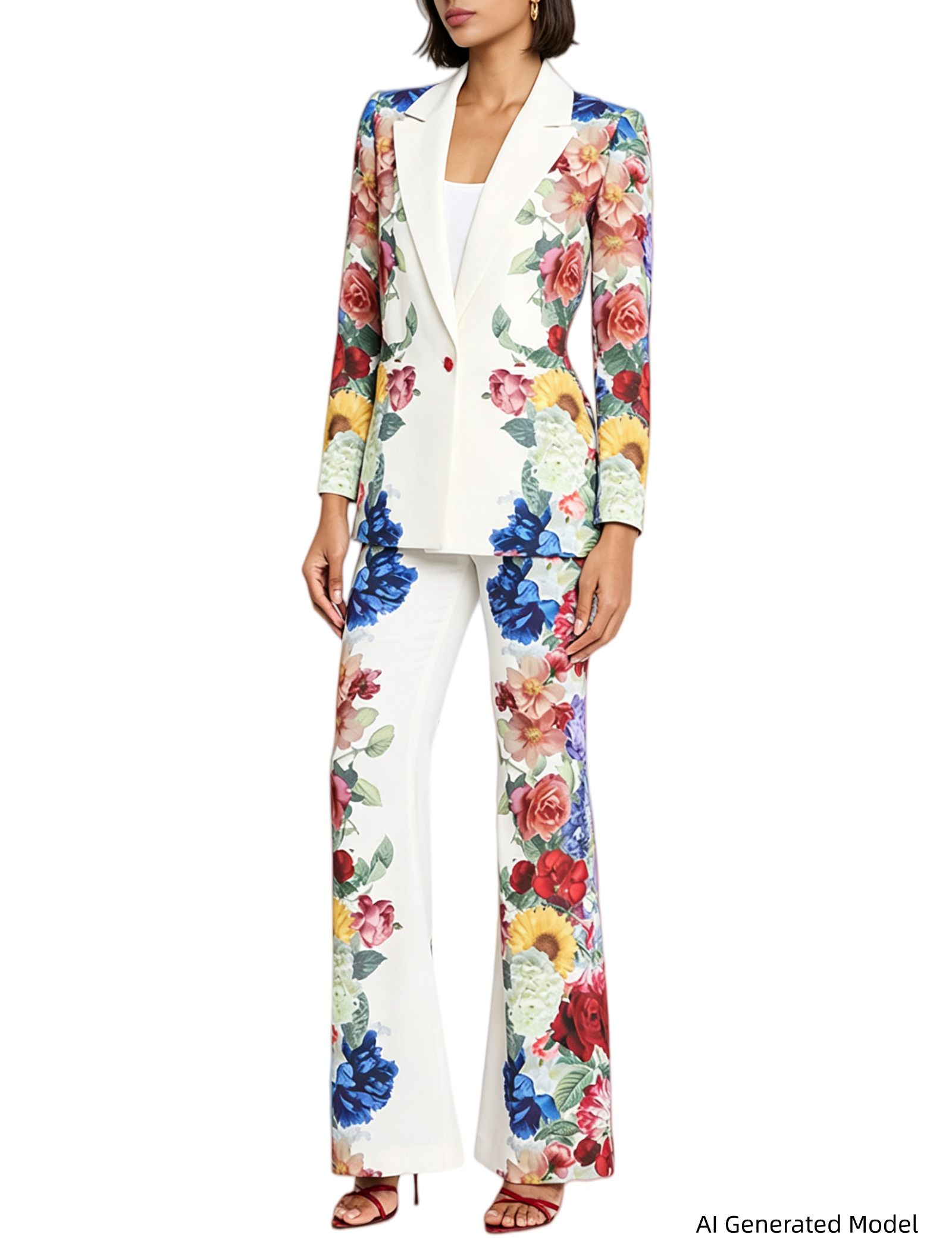 Platlogy Floral Print White Blazer and Straight Pants Two Piece Women Formal Suit Set For Party Business Daily Wear