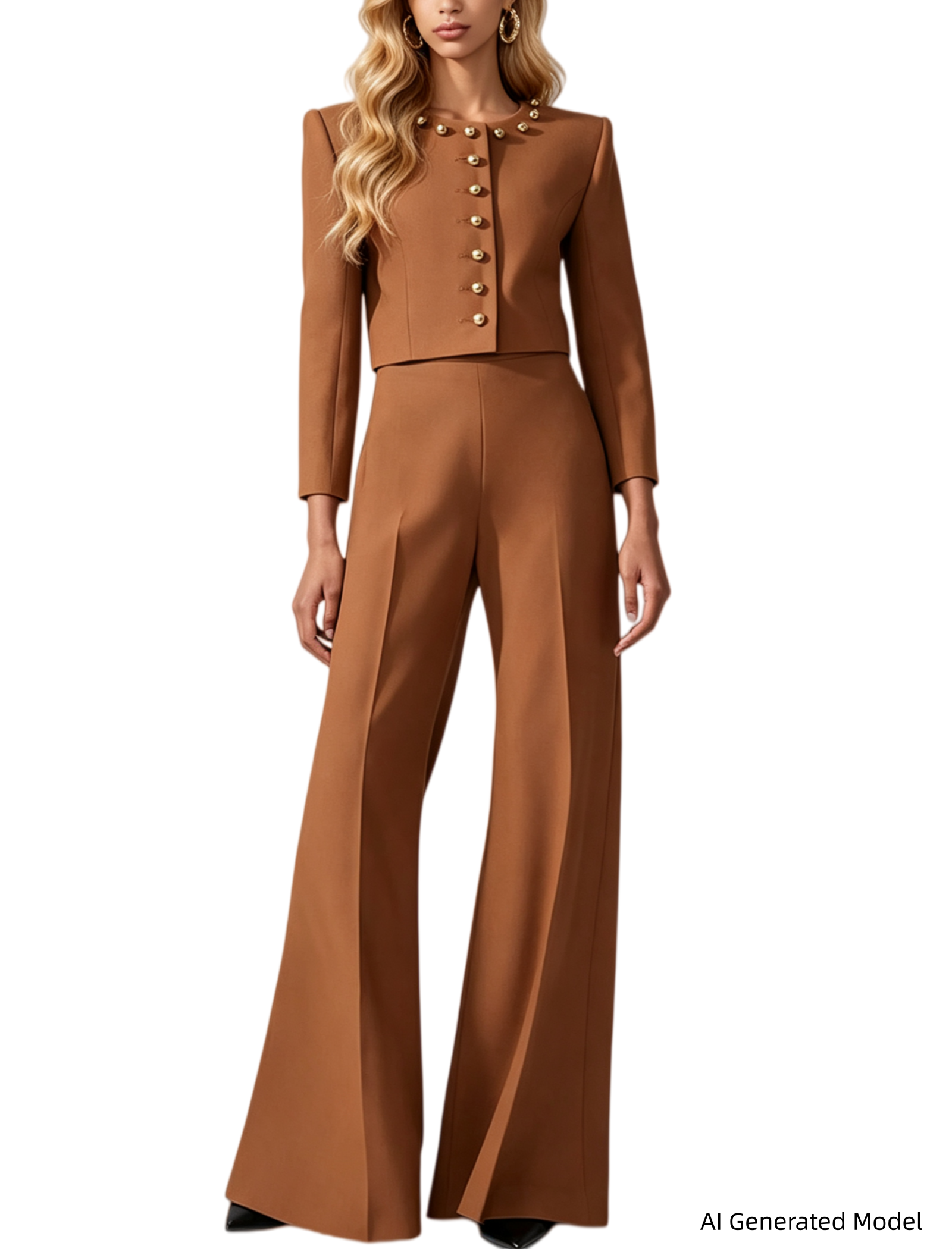 Platlogy Elegant Round Neck Gold Button Cropped Blazer Wide Leg Pant Two Piece Formal Women Suit For Work Daily Occasions