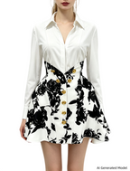 Platlogy Black Rose Print Shirt Mini Dress Elegant Long Sleeve Turn Down Collar A Line Party Casual Dress