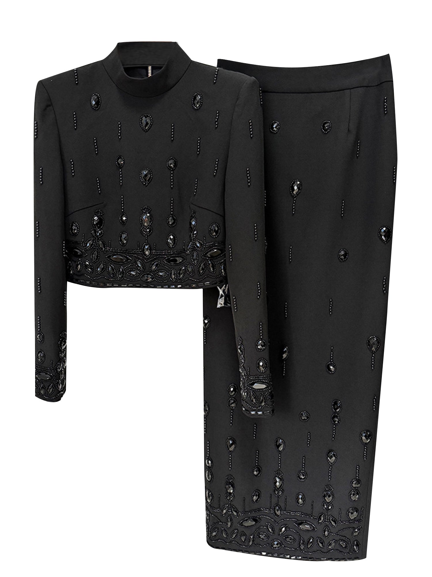 Women Rhinestone Embellished Two Piece Set Long Sleeve Crop Top And Maxi Skirt Formal Party Outfit Secondary image