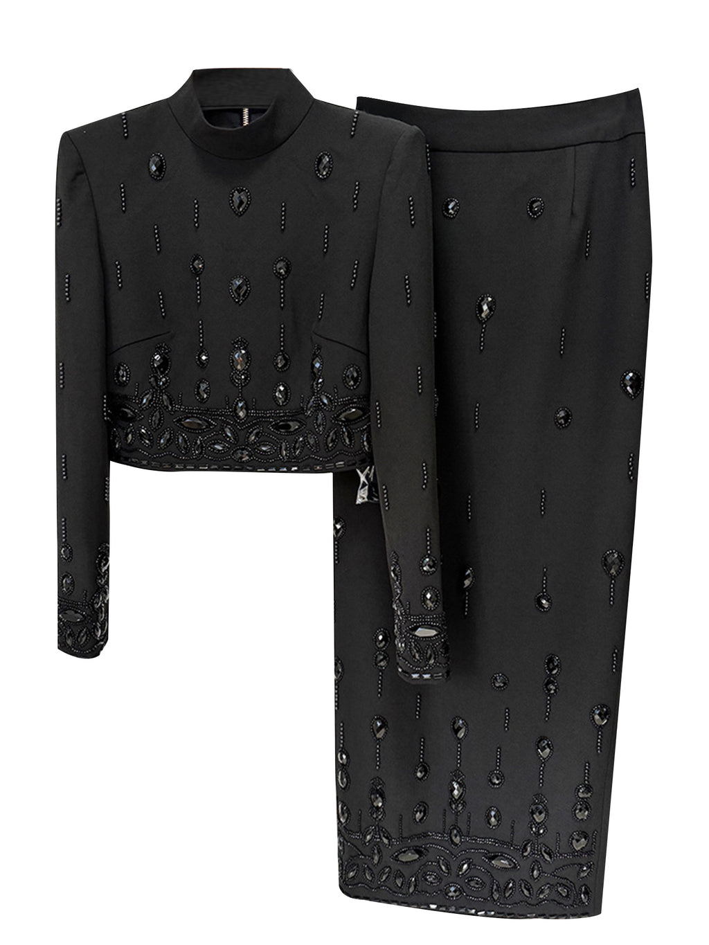 Women Rhinestone Embellished Two Piece Set Long Sleeve Crop Top And Maxi Skirt Formal Party Outfit