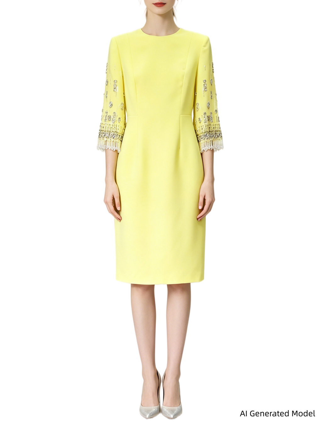 Platlogy Bright Yellow Beaded Tassel Mid Sleeve Midi Dress Elegant Formal Party Cocktail Wedding Guest Dress