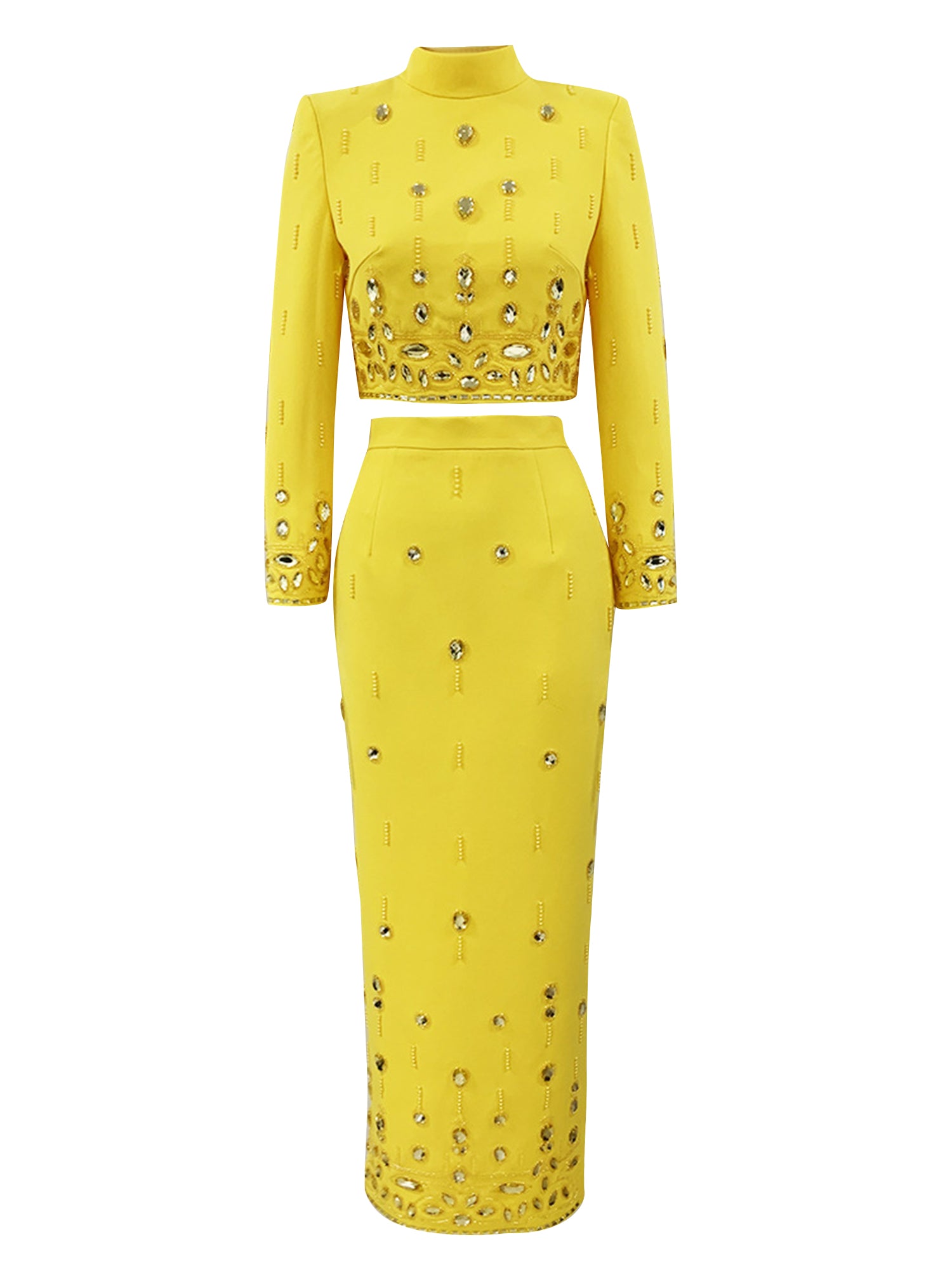 Women Rhinestone Embellished Two Piece Set Long Sleeve Crop Top And Maxi Skirt Formal Party Outfit
