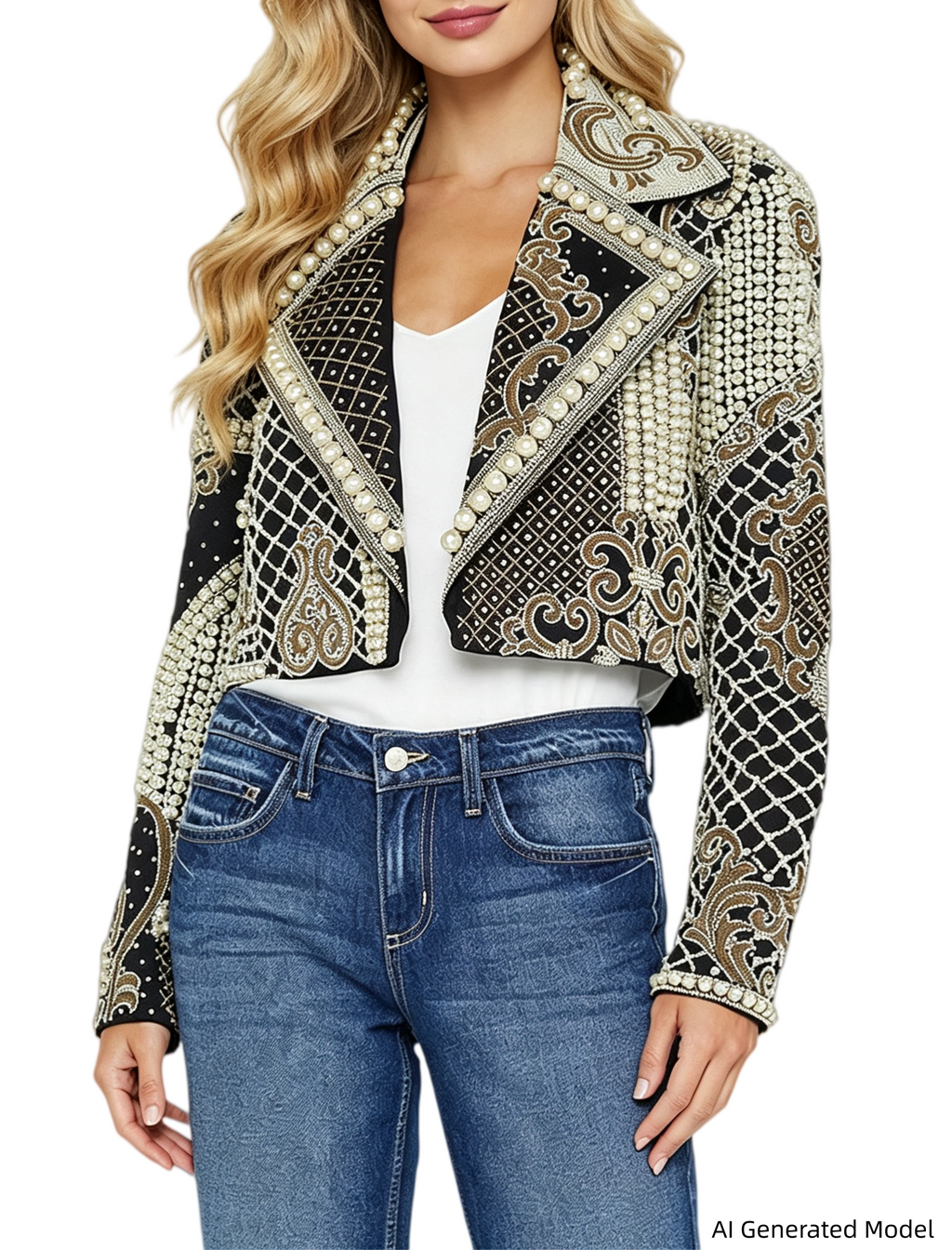 Platlogy Luxury Heavy Pearl Embroidered Cropped Blazer Women Lapel Long Sleeve Elegant Party Dressy Jacket