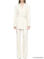 Platlogy Elegant White Belted Blazer Pants Set Stitched Detail Formal Business Two Piece Outfit For Women