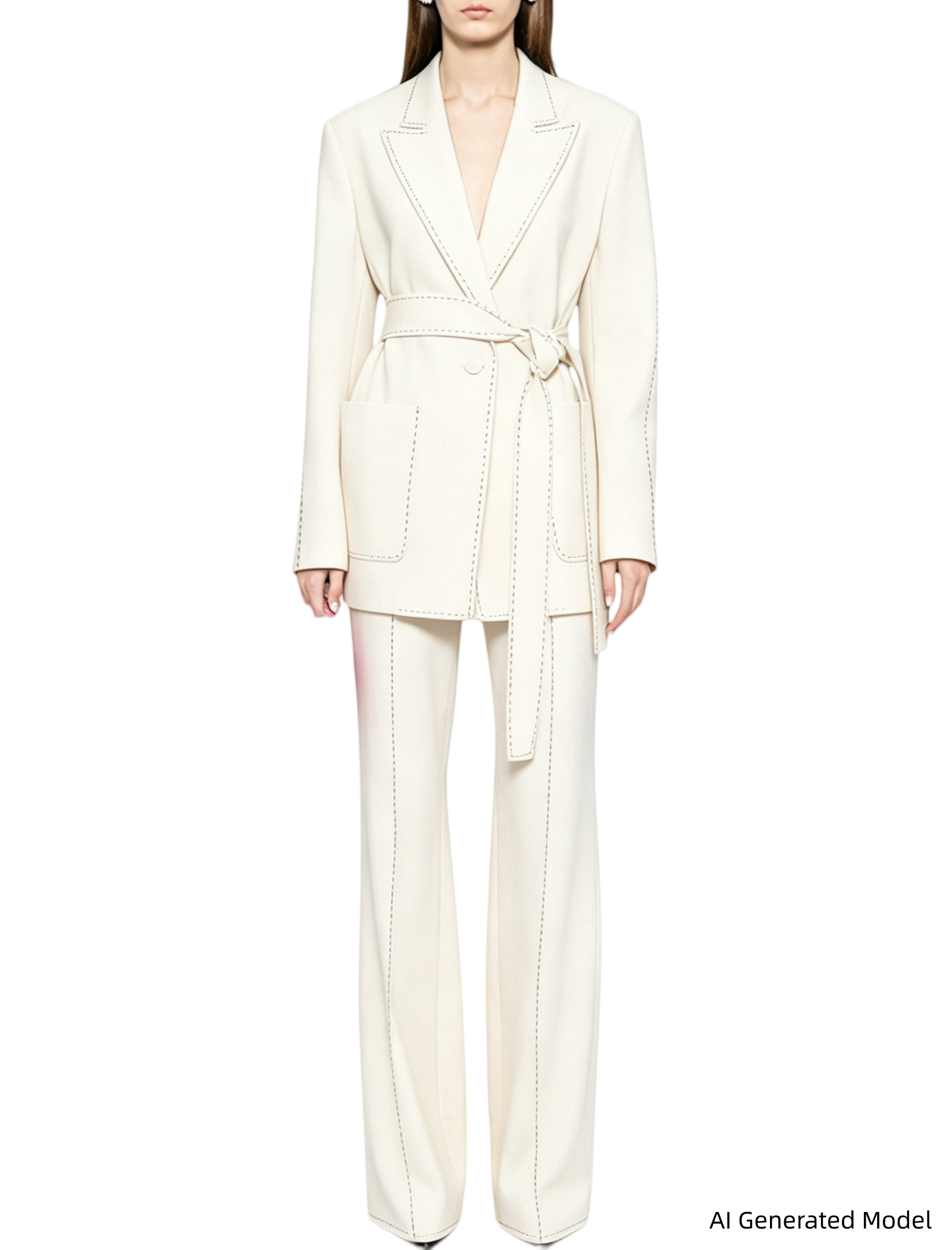 Platlogy Elegant White Belted Blazer Pants Set Stitched Detail Formal Business Two Piece Outfit For Women