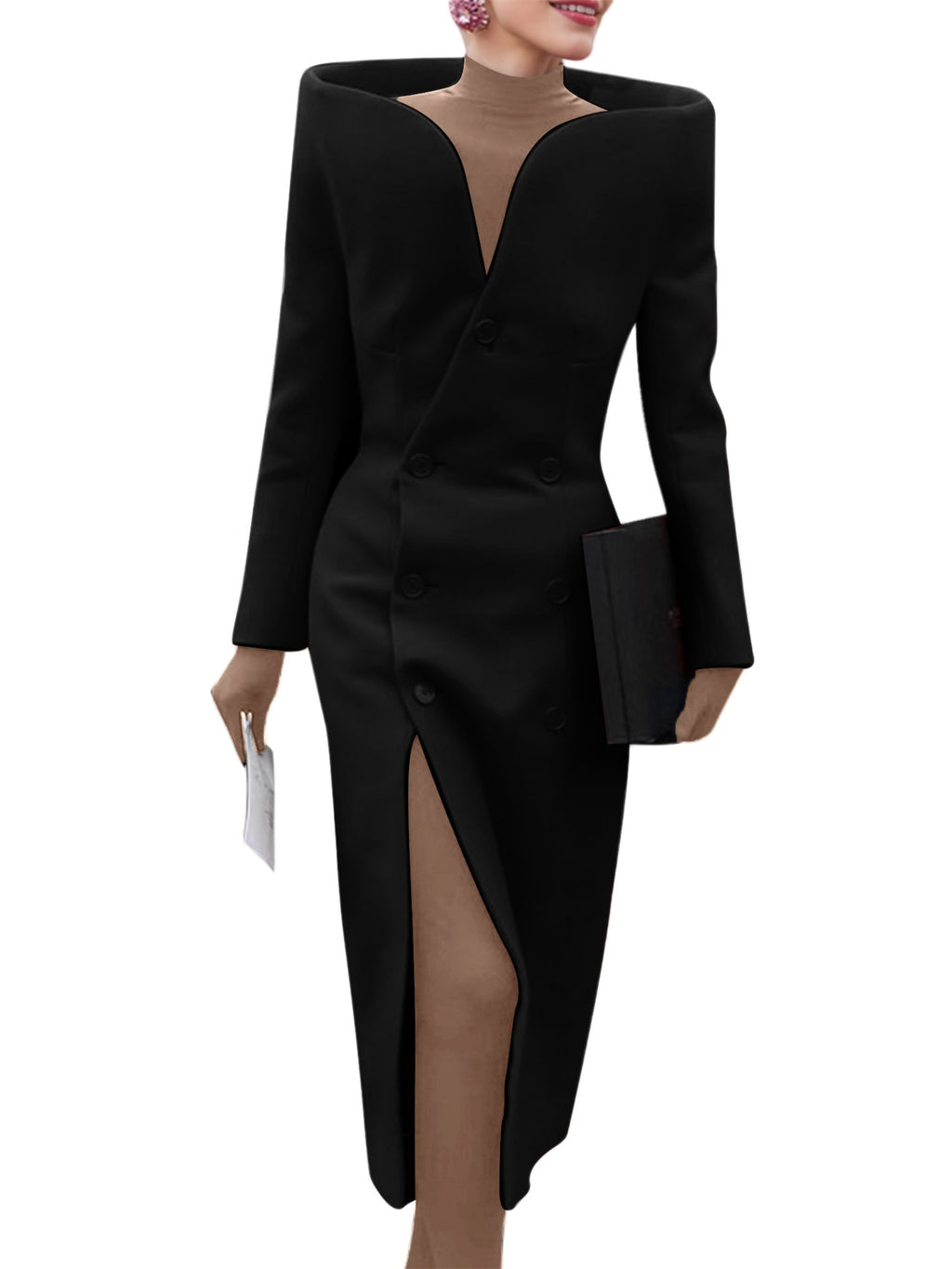 Platlogy Women's Fashion Designer Stand Collar Long Trench Overcoat Windbreaker
