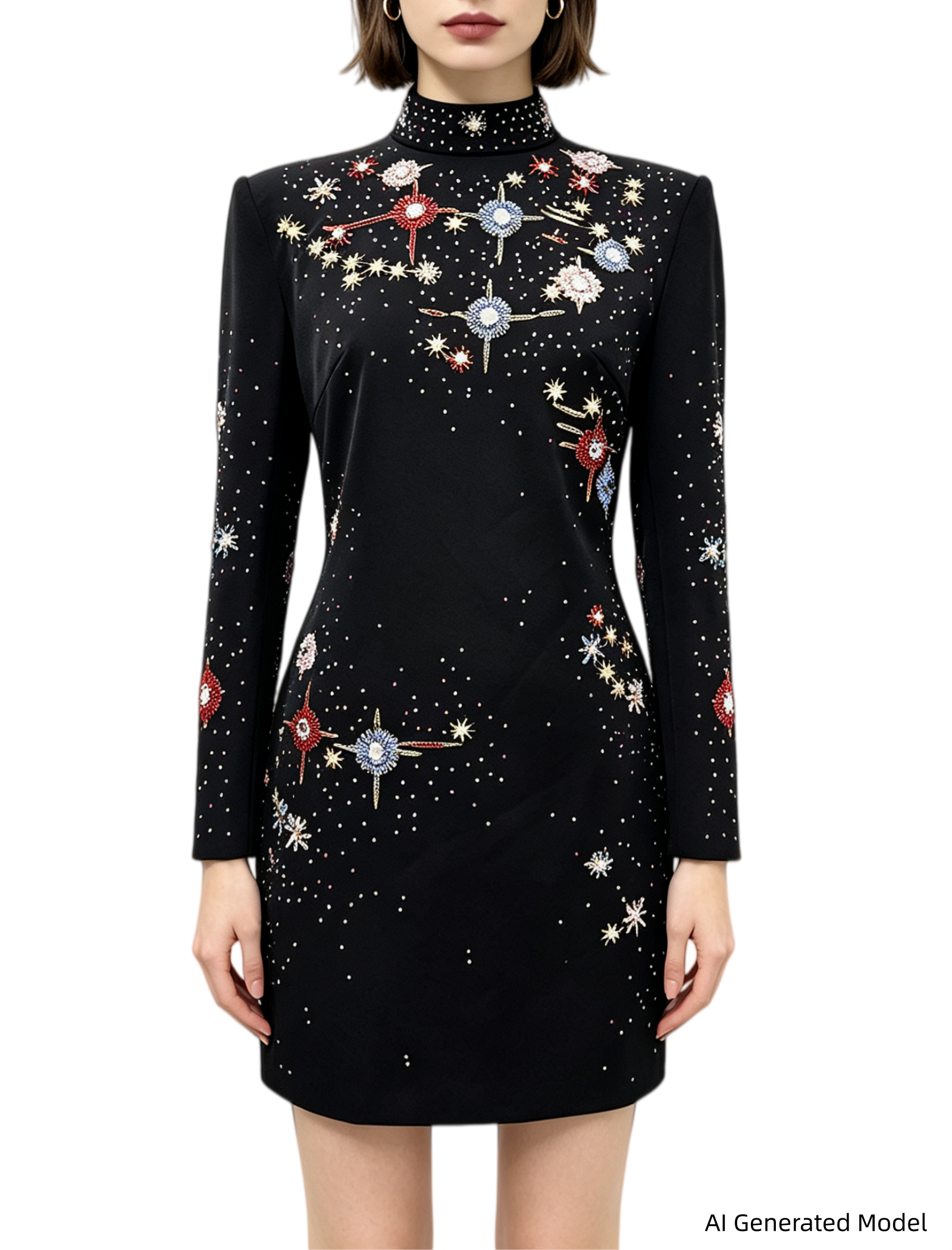 Platlogy Black Stand Collar Long Sleeve Mini Dress Heavy Star Rhinestone Embellished Elegant Party Cocktail Dress